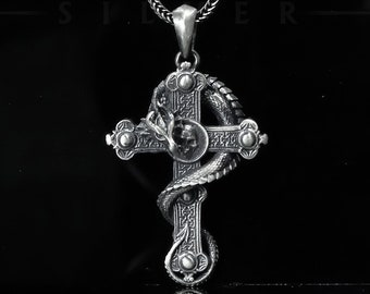 Silver Dragon Cross Pendant, Religious Biker Necklace, Christian Catholic Pendant, Anniversary Necklace, Fantasy Charm Necklace