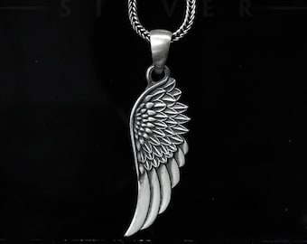 Pingente de Asa de Anjo Prateada, Joia Artesanal de Asa de Anjo da Guarda, Amuleto Religioso de Asa de Anjo, Colar Unissex, Colar para Namorada