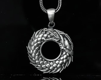 Ouroboros Eating Its Own Tail Necklace, Mens Dragon Necklace, Oxidized Dragon Pendant, Silver Mythical Necklace, Handmade Necklace