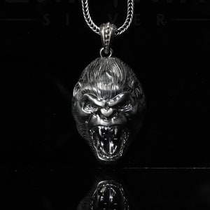 Silver Gorilla Necklace, Handmade Angry Gorilla Men Pendant, Husband Necklace, Animal Necklace, African Gorilla Jewelry, Unisex Necklace