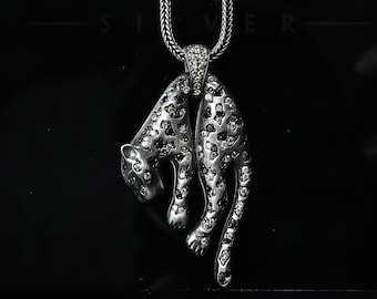 Silver Panther Necklace, Jaguar Necklace, Leopard Pendant, Handmade Pendant, Zircon Stone Detailed Necklace, Charm Necklace, Unisex Necklace