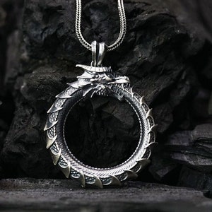 Ouroboros Eating Its Own Tail Necklace, 925k Sterling Silver Dragon Pendant, Viking Necklace, Large Dragon Necklace, Mythology Necklace