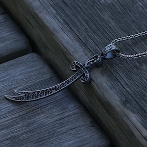 Silver Zulfiqar Necklace, Sword Necklace, Black Zircon Stone Pendant, Muslim Jewelry, Islamic Necklace, Charm Necklace, Handmade Pendant