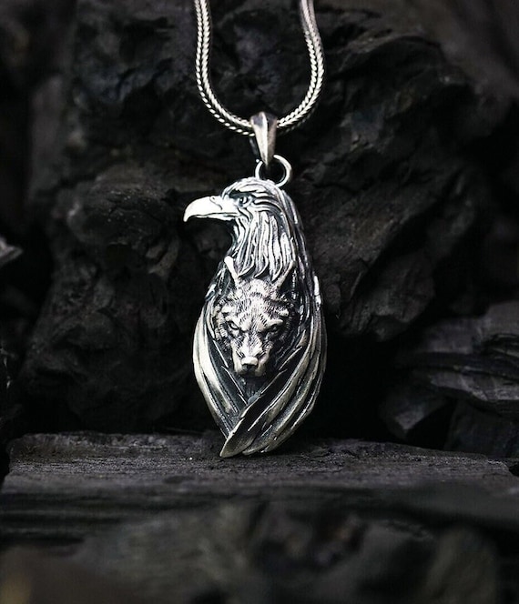 Wolf Under Eagle Necklace, 925k Sterling Silver Wolf And Eagle Pendant,  Animal Necklace, Nordic Necklace For Unisex, Fantasy Charm Necklace
