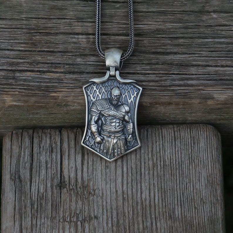Silver God of War Kratos Necklace, Viking Warrior Necklace, Gamer Pendant, Scandinavian Pendant