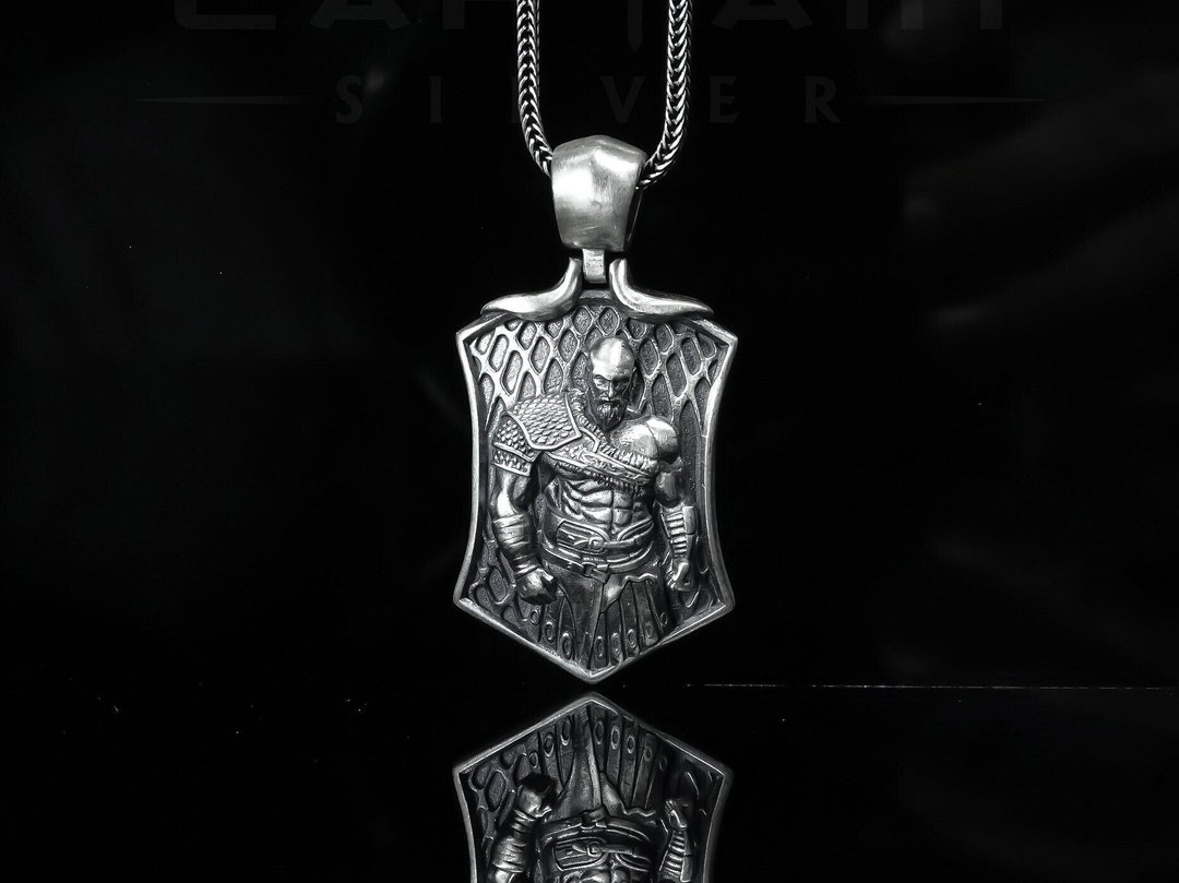 Silver God of War Kratos Necklace, Viking Warrior Necklace, Gamer Pendant, Scandinavian Pendant