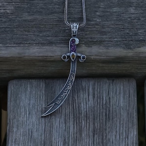 Silver Zulfiqar Sword Necklace, Arabic Written Zulfiqar Imam Ali Zulfiqar Sword, Muslim Jewelry, Islamic Necklace, Green Zircon Pendant