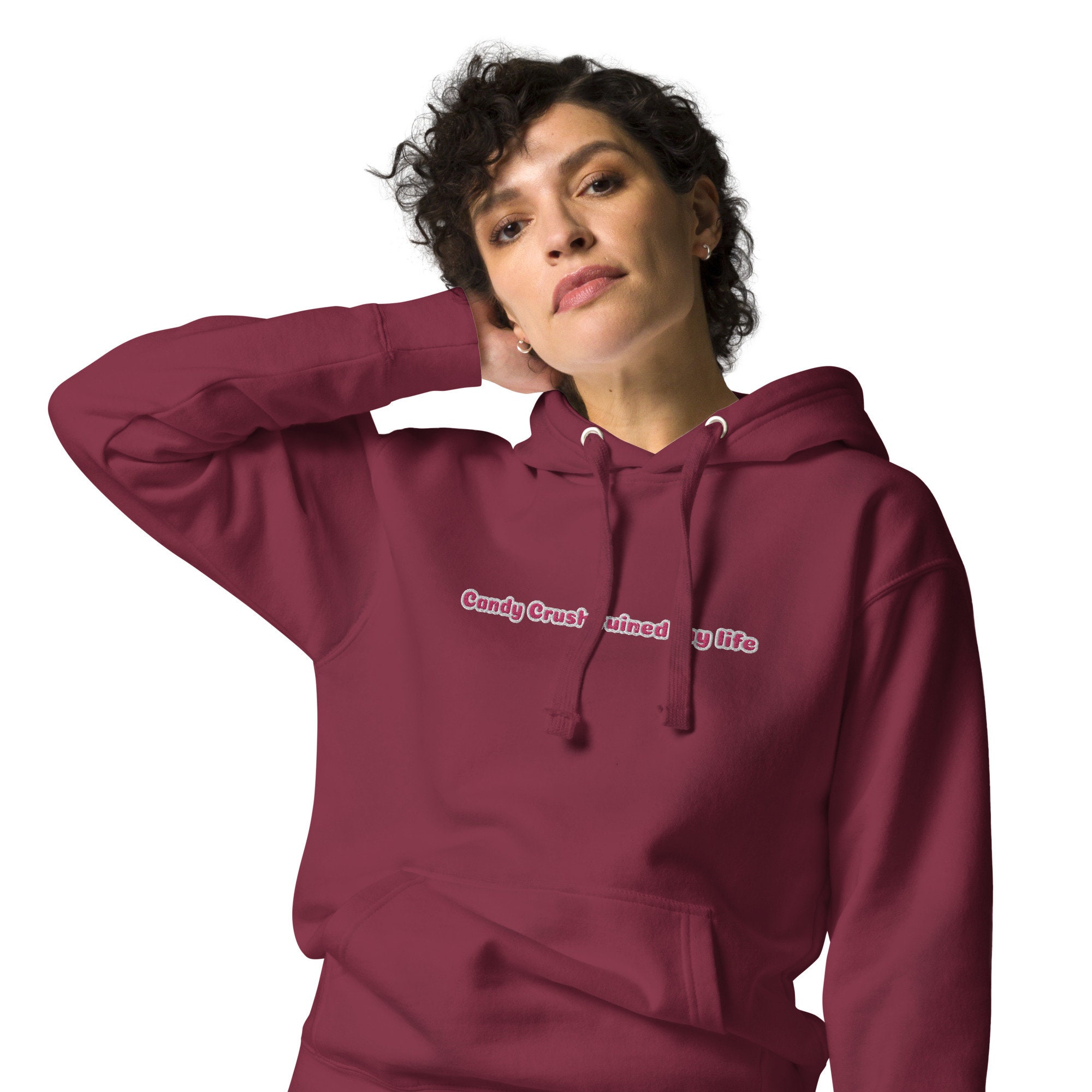 A hoodie with the slogan 'Candy Crush Ruined My Life' printed on it