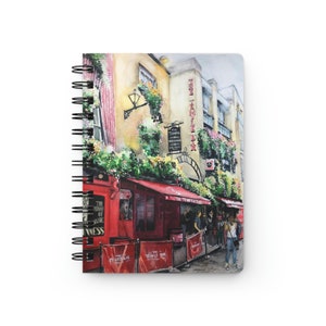 Watercolor Painted European Travel Notebook of Temple Bar and Cafe in Ireland for the Wanderlust Traveler and Tour Guide