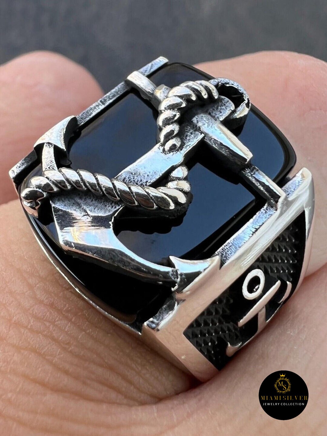 Men's Black Onyx Ring Anchor Sailor Maritime Vintage Ring Etsy