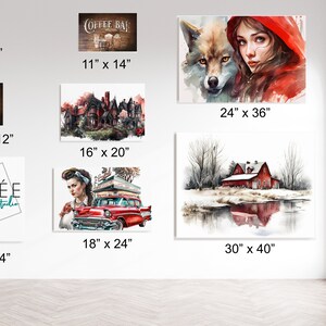 May include: A collage of different canvas prints with various sizes and themes. The prints include a moose, a coffee bar sign, a red cabin in the snow, a woman in a red dress with a car, a woman in a red hood with a wolf, and a logo for Giclée Canvas Studio. The sizes of the prints are listed below each image.