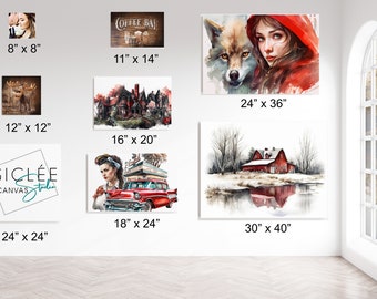 May include: A collage of different canvas prints with various sizes and themes. The prints include a moose, a coffee bar sign, a red cabin in the snow, a woman in a red dress with a car, a woman in a red hood with a wolf, and a logo for Giclée Canvas Studio. The sizes of the prints are listed below each image.
