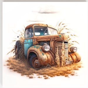 May include: A rusty blue and brown vintage truck is partially submerged in tall, dry grass. The truck has a large grill and a single headlight on each side. The truck is set against a white background.