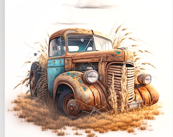 May include: A rusty blue and brown vintage truck is partially submerged in tall, dry grass. The truck has a large grill and a single headlight on each side. The truck is set against a white background.