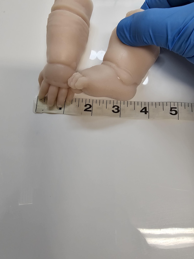 Pu&ograve; includere: Una coppia di arti per bambole in vinile di colore chiaro, composti da un braccio e un piede, posizionati contro un metro a nastro bianco che indica una lunghezza di circa 12,7 cm per l'insieme.
