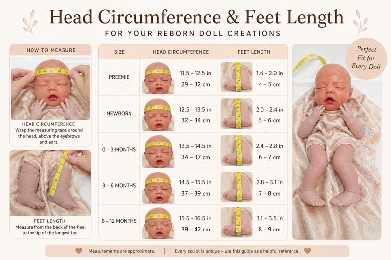 Pu&ograve; includere: Una tabella informativa intitolata Head Circumference & Feet Length for your reborn doll creations. Mostra le istruzioni di misurazione e una tabella che elenca le taglie da prematuro a 12 mesi con le misure di testa e piedi in cm.
