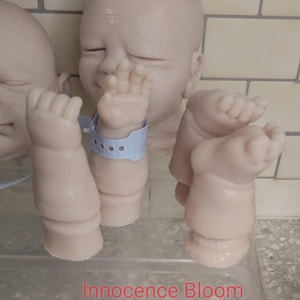 Pu&ograve; includere: Un kit per bambola reborn in vinile dalla pelle chiara composto da una testa con occhi chiusi, due braccia e due gambe. Un braccio indossa un braccialetto identificativo ospedaliero in plastica azzurra. Il testo Innocence Bloom &egrave; stampato in rosso.