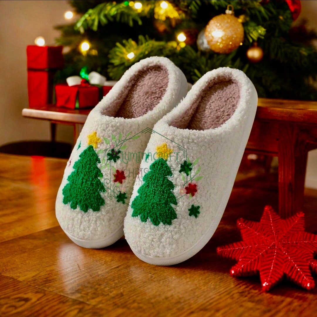 Cute Christmas Tree Slippers Christmas Slippers Fluffy Cozy Etsy