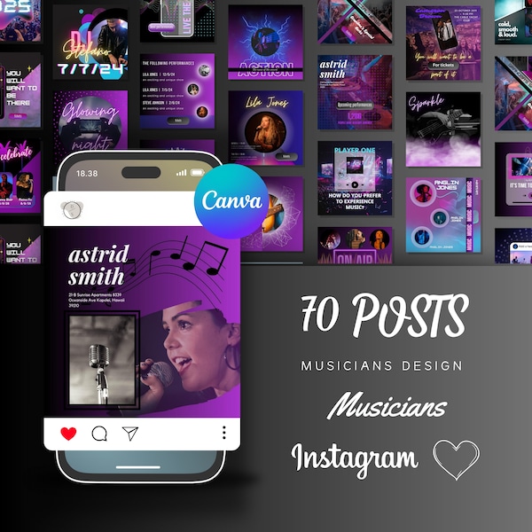 70 musician post, Musician social media, Canva editable template, Instagram social media template