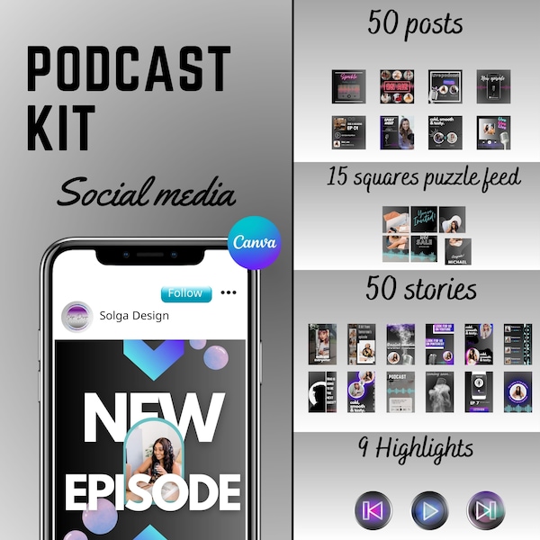 Podcast kit, podcast bundle, Canva editable template, Instagram social media template.