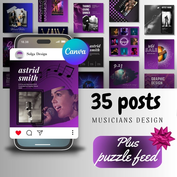35 musician post, Musician social media, Canva editable template, Instagram social media template