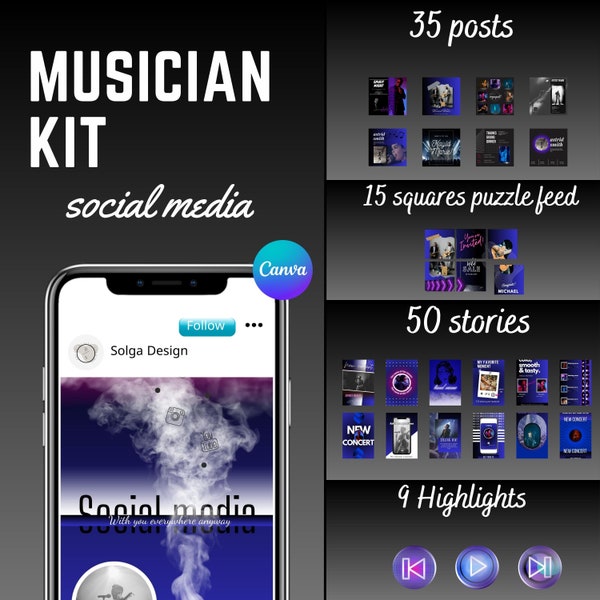 Musician kit, Musician Instagram social media, Canva editable template, Instagram social media template