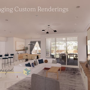 Pode incluir: Um design de interiores renderizado digitalmente de uma sala de estar moderna. O quarto apresenta um sofá seccional branco, uma mesa de centro de madeira e uma grande janela com vista para um pátio ao ar livre. O texto na imagem diz "Virtual Staging Custom Renderings" e "2-3 Bedroom".