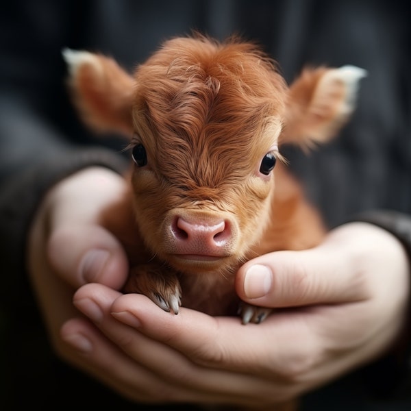 Brown baby cow sits in the palm of your hand