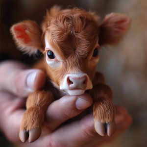 May include: A close-up of a brown and white calf being held by a person's hand. The calf has large, dark eyes and a soft, fuzzy coat.
