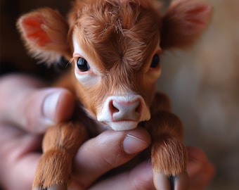 Baby cow in the palm of my hand resting its chin on my finger (Digital Print)