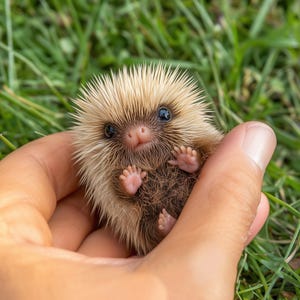 Könnte beinhalten: Ein kleines, braunes und weißes  Igel mit schwarzen Augen wird in der Hand einer Person gehalten. Der Igel hat seine winzigen Pfoten zusammengerollt und schaut in die Kamera.