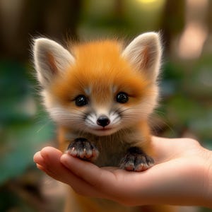 Puede incluir: Un pequeño zorro naranja y blanco con grandes ojos oscuros y una cola esponjosa. El zorro está siendo sostenido en la mano de una persona.