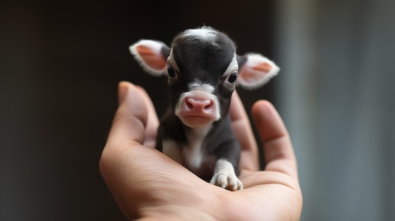 手のひらに乗った生まれたばかりの子牛のデジタルプリント、愛らしい