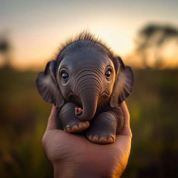 Tiny Baby Elephant in the palm of my hand (Digital Print)