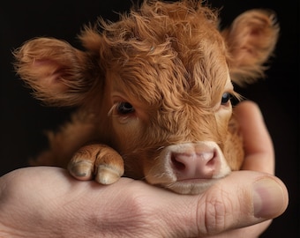 Baby Highland cow in the palm of your hand (Digital Print)
