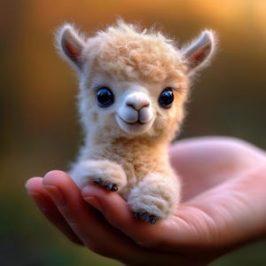 May include: A small, fluffy, white alpaca with big, blue eyes looks up at the camera with a sweet expression. The alpaca is being held in someone's hand.