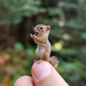 May include: A small, brown squirrel with white fur on its belly is standing on a finger. The squirrel has its mouth open and its eyes are wide. The background is blurry and green.