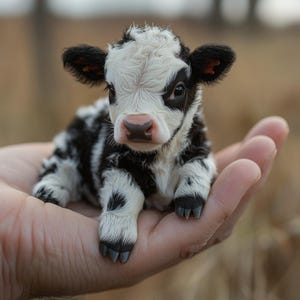 Piccola mucca bianca e nera nel palmo della mia mano (stampa digitale)