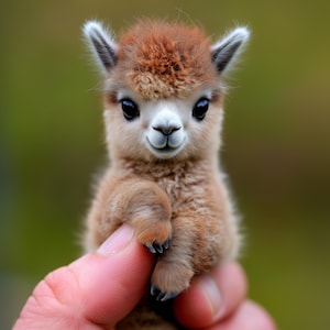 May include: A small, brown and white baby alpaca with fluffy fur, looking directly at the camera. The alpaca is being held by a person's hand.