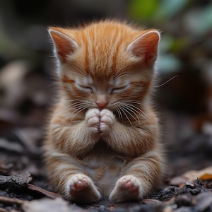 May include: A small orange tabby kitten with closed eyes sits on the ground with its paws clasped together in a praying position.