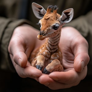 May include: A small giraffe calf with brown and white spots is being held in the palms of a person's hands. The giraffe has large, dark eyes and a long neck.