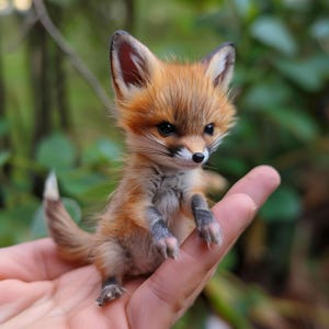 Puede incluir: Un pequeño zorro rojo y blanco con ojos negros y una nariz blanca está siendo sostenido en la mano de una persona. El zorro está mirando hacia la derecha de la imagen.