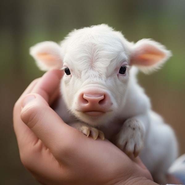 Adorable white baby cow in the palm of your hand