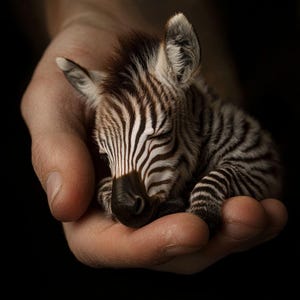 Puede incluir: Un pequeño potro cebra con rayas blancas y negras duerme plácidamente en la palma de la mano de una persona.