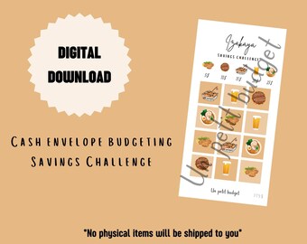 Op de afbeelding: Een downloadbare digitale print van een cash envelope budgetterings-spaaruitdaging met als thema Japans Izakaya-eten. De uitdaging omvat een raster van 16 vakjes met verschillende voedsel-illustraties en bijbehorende eurobedragen van € 5 tot € 255. De tekst "Izakaya Savings Challenge" en "Un petit budget" is ook inbegrepen.