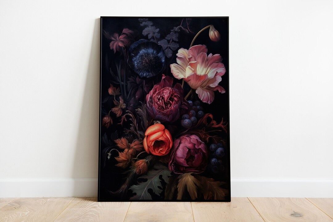 Dark Flowers Moody Floral Wall Art Vintage Painting Prints Etsy