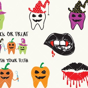 Könnte beinhalten: Digitales Halloween-Kunstwerk mit Zeichentrickzähnen und Lippen. Die Zähne sind in Hexenhüten und Kürbisformen gekleidet, mit dem Text "Trick or Treat" und "Brush Your Teeth". Enthält einen Vampir-Mund mit tropfendem Blut.