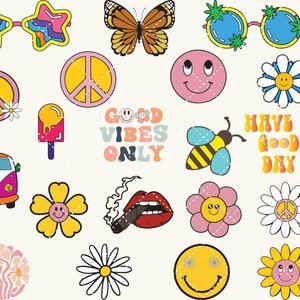 Könnte beinhalten: Ein Set mit 16 digitalen Clipart-Bildern im Retro-Stil der 70er Jahre. Die Bilder beinhalten Peace-Zeichen, Blumen, Smiley-Gesichter, Schmetterlinge, Sonnenbrillen, eine Biene, ein Eis am Stiel, einen Van und Text, der "Good Vibes Only" und "Have a Good Day" sagt.