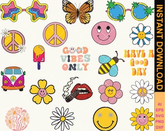 グルーヴィーなSVG、レトロSVG、ボヘミアンヒッピーSVG、グルーヴィーなサマーSVG、レトロクリップアート、グルーヴィーなクリップアート、クリカットベクター、印刷可能、昇華PNG