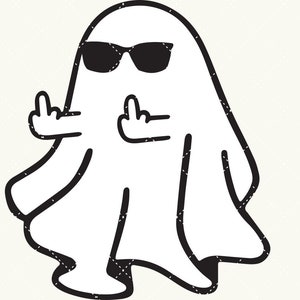 May include: A white ghost wearing sunglasses and giving the middle finger with both hands.